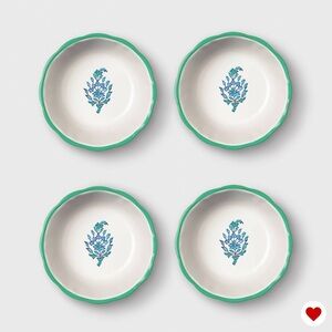 Green Rim Dessert Bowls with Blue Floral Motif - Set of 4